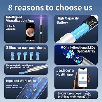 Earwax Removal Tool Kit with with HD Wifi Connection & 6 LED Lights Endoscope Tool Ear Cleaner Rechargeable portable Baby Children adults for IOS & Android (V1)